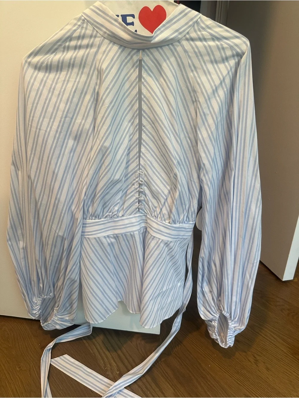STAUD Blue and White Striped Button-Back Blouse